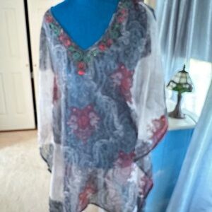 Sheer Paisley Beaded V-Neck Tunic - White with Red & Black